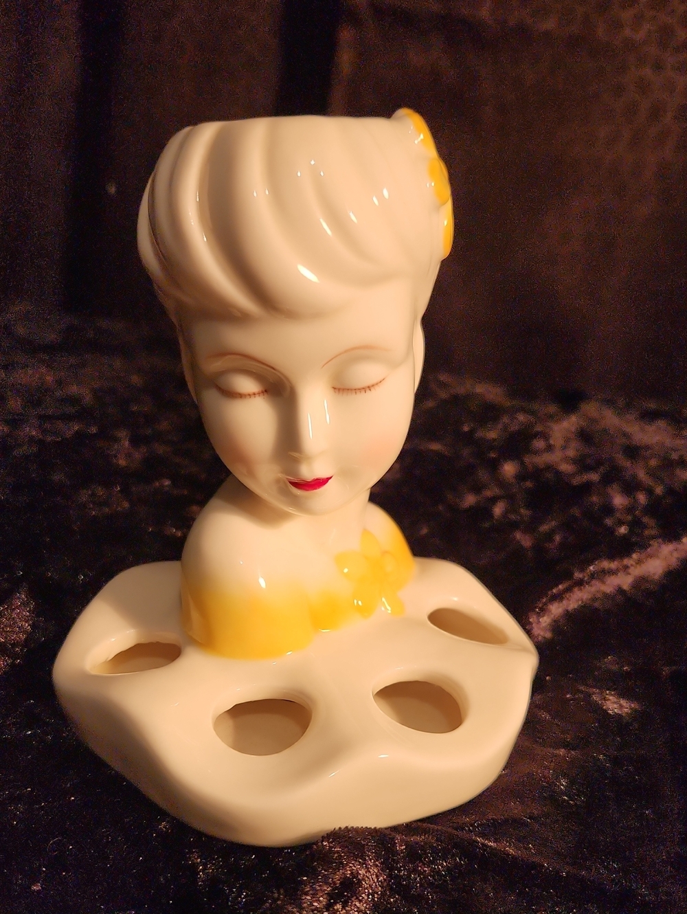 Vintage Ceramic Lady Head Vase with Yellow Accent